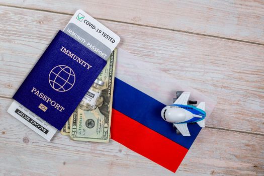 Travel immunity Passport Mandatory Covid Test. New normal after COVID-19 pandemic. Vaccination passport against covid-19 in Russia. Certificate for people who have had coronavirus or made vaccine.