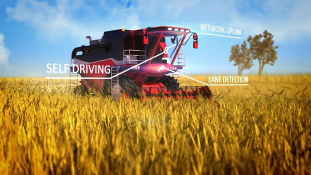 automated combine harvester working on the farmland field - industrial 3D illustration with digital overlays