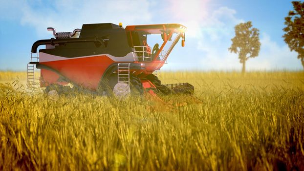 robot harvester combine working on the rural field - industrial 3D illustration