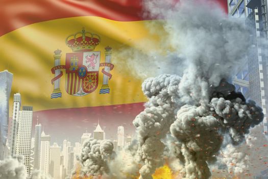 huge smoke column with fire in the modern city - concept of industrial explosion or act of terror on Spain flag background, industrial 3D illustration