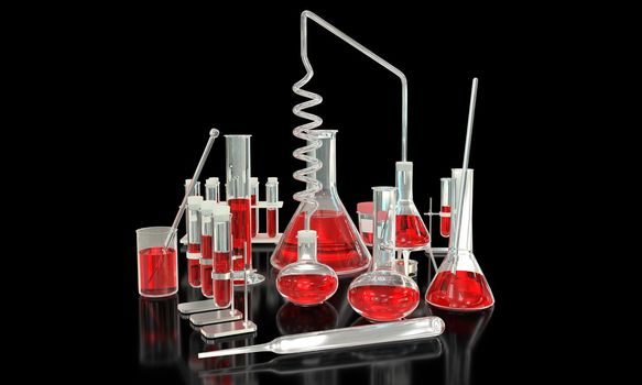 lab proofs and other microbiology glassware with red liquid (blood test samples) isolated on black background - study concept, 3D illustration of objects