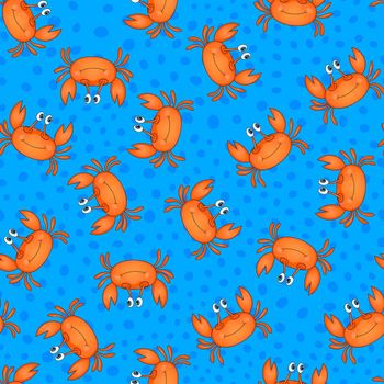 Seamless pattern with cute orange crab on blue background. Vector animals colorful illustration. Adorable character for cards, wallpaper, textile, fabric, kindergarten. Cartoon style.