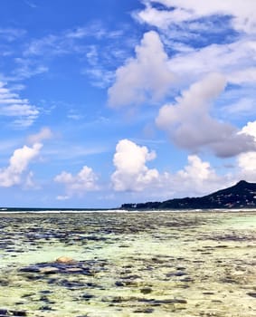 Sunny day beach view on the paradise islands Seychelles.