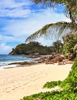 Sunny day beach view on the paradise islands Seychelles.