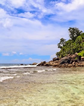 Sunny day beach view on the paradise islands Seychelles.