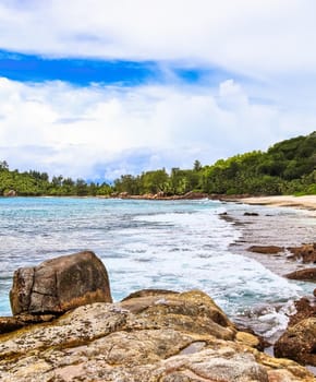 Sunny day beach view on the paradise islands Seychelles.