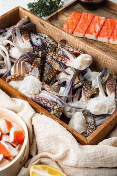 Fresh blue swimming crab Horse crab, Blue crab, Flower crab claws set, on white background