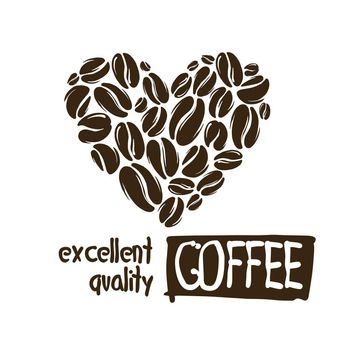 Heart of coffee beans on a white background. Vector logo on a white background.