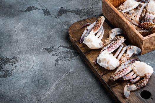 Fresh blue swimming crab meat set, on gray background , with copyspace and space for text