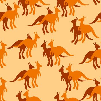 Vector flat illustration with silhouette kangaroo and baby kangaroo on fiery background. Seamless pattern on orange background. Design for card, poster, fabric, textile. Pray for Australia and animals