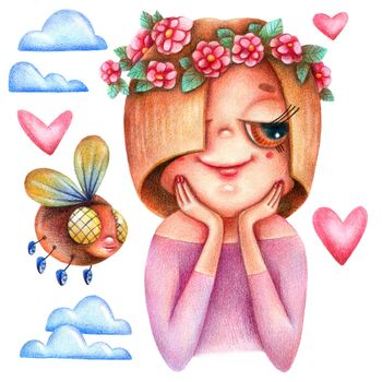 Set of cute illustrations - nice girl with floral wreath, flying insect, hearts and clouds.. Drawings in original style by colored pencils.