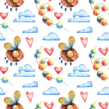 Cute illustration of flying insect, hearts, beads and clouds.. Drawings in original style by colored pencils. Seamless pattern.