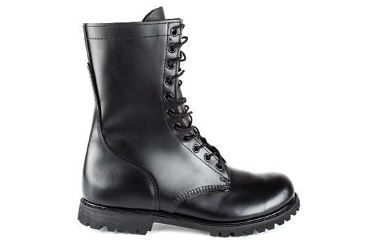 side view of black leather 10-inch new black military combat lug sole ankle boot, isolated on white background
