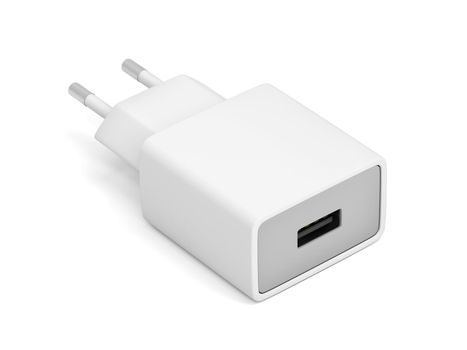 Smartphone power adapter with USB port on white background