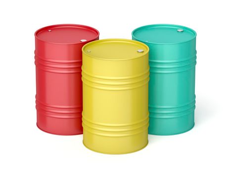 Three steel drums with different colors, can be used for fuel, oil and other liquids