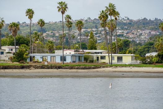 Caravan and home trailer park area next the water in the De Anza Cove in Mission Bay area in San Diego, California, USA. April, 22nd, 2020