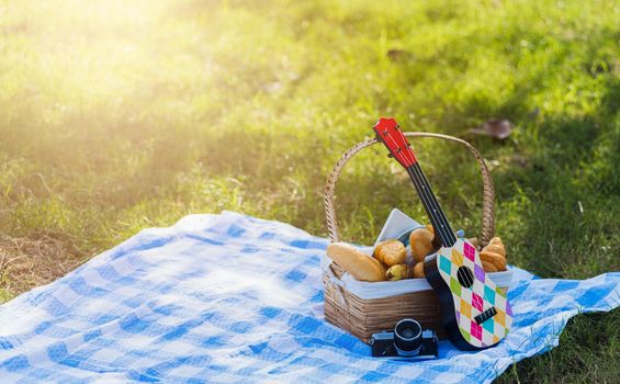Picnic wattled basket with bread food and fruit, Ukulele, a retro camera on blue cloth in green grass garden with copy space at sunny summertime
