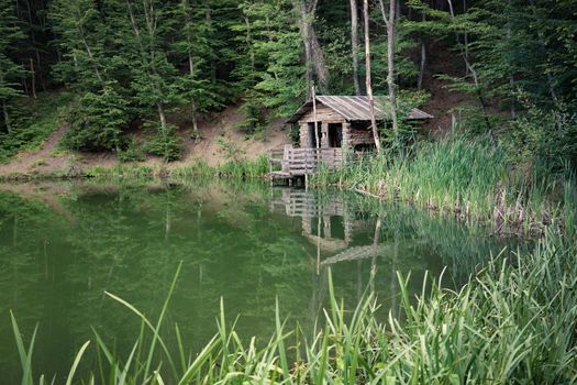 Yalta, Crimea. wooden house on the shore of a small lake surrounded by trees and vegetation.