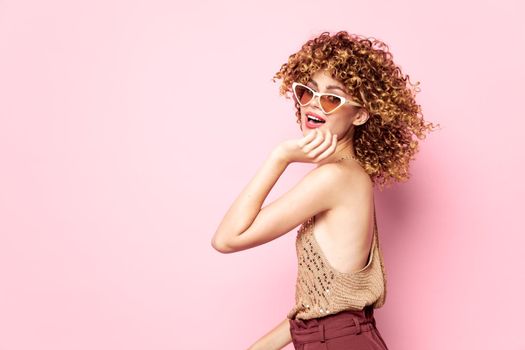 Beautiful woman Hair fashion glasses studio pink pattern background sequin shirt