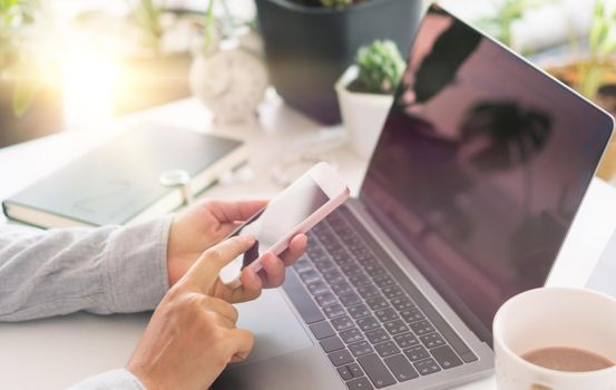  Woman hand using smartphone to do work business, social network, communication concept.