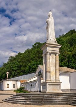 Svyatogorsk, Ukraine 07.16.2020.  Monument to the Holy Mother of God near the Svyatogorsk or Sviatohirsk lavra on a sunny summer morning