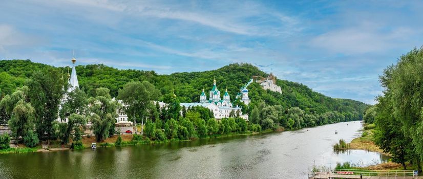 Svyatogorsk, Ukraine 07.16.2020.  Seversky Donets River near the Svyatogorsk or Sviatohirsk lavra on a sunny summer morning