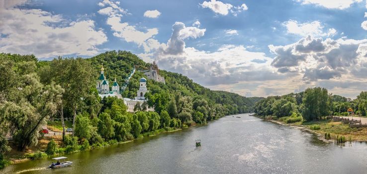 Svyatogorsk, Ukraine 07.16.2020.  Seversky Donets River near the Svyatogorsk or Sviatohirsk lavra on a sunny summer morning