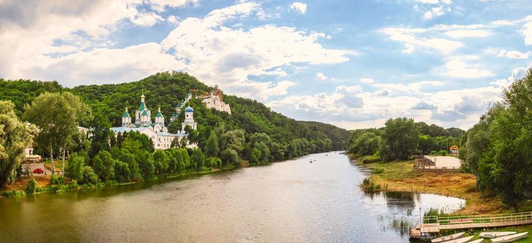 Svyatogorsk, Ukraine 07.16.2020.  Seversky Donets River near the Svyatogorsk or Sviatohirsk lavra on a sunny summer morning