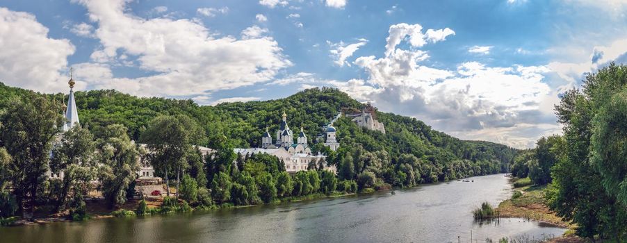 Svyatogorsk, Ukraine 07.16.2020.  Seversky Donets River near the Svyatogorsk or Sviatohirsk lavra on a sunny summer morning