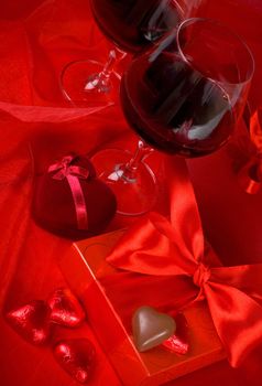 Valentine's day concept, gift box , with flower, ine glass, with candle