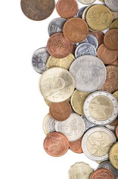 Coins of different countries on a white background