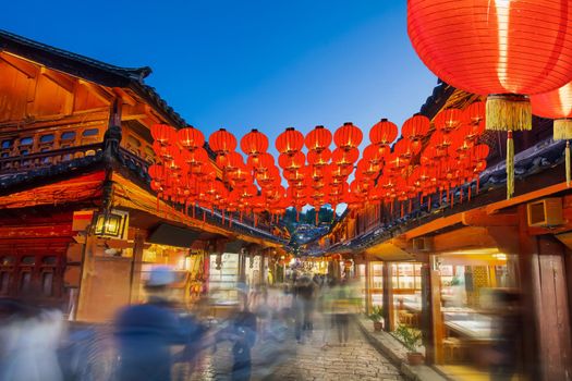 Lijiang old town in the evening with crowd tourist , Yunnan China.