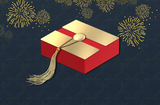 Happy new year banner, gift box with gold tassel, fireworks. Chinese festival celebration. 3D illustration