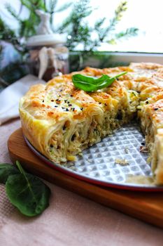 Baked lasagna in a ceramic plate close-up and decorated with greenery.Texture or background