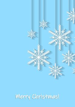 Merry Christmas, holiday, celebration greeting and invitation card, banner, frame, header, postcard. Layout template. White snowflakes on blue background. Winter flat illustration