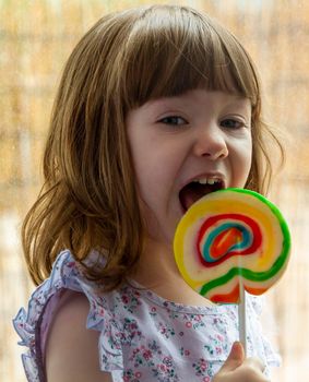 Portrait of a cute, blue-eyed, brown-haired girl licking a colourful lollipop by a window