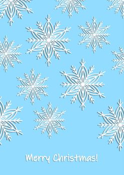 Merry Christmas, holiday, celebration greeting and invitation card, banner, frame, header, postcard. Layout template. White snowflakes on blue background. Winter flat illustration