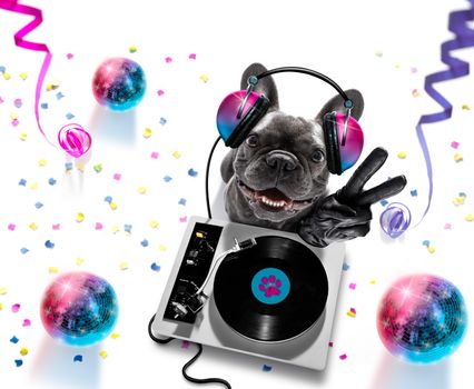 french bulldog  dog playing music in a club with disco ball , isolated on white background, with vinyl record