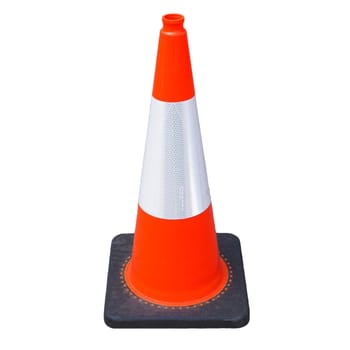 white and orange traffic cone to mark road works isolated over white background