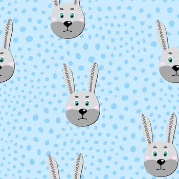 Vector flat animals colorful illustration for kids. Seamless pattern with cute hare face on blue polka dots background. Adorable cartoon character. Design for card, poster, fabric, textile. Rabbit.