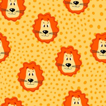 Vector flat animals colorful illustration for kids. Seamless pattern with cute lion face on yellow polka dots background. Adorable cartoon character. Design for textures, card, poster, fabric, textile