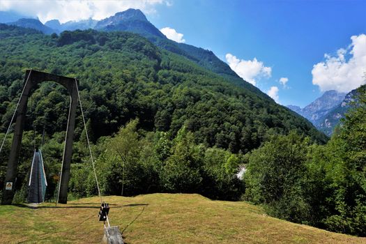 Steel cable bridge and beautiful landscape in the Valle Verzasca, Ticino, Switzerland