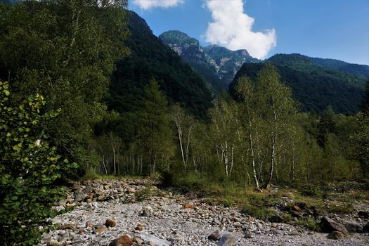 Dry riverbed spotted in the Verzasca Valley in Ticino, Switzerland