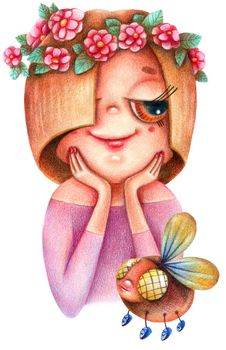 Cute illustration of nice girl with floral wreath and flying insect. Drawings in original style by colored pencils.