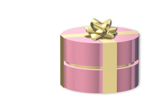 Gifts box. Pink gift box side view with gold bow. White background. Horizontal banner, poster, header website. Place for text, copy space. 3D illustration