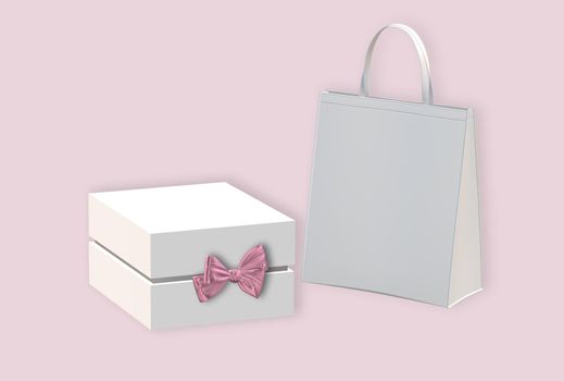Gift box with golden bow, paper bag on pastel pink background. White box side view, place for text, mock up. Valentines, love design, sale, surprise, gift, birthday, wedding, Valentines 3D render