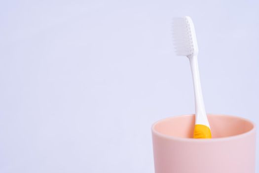 Closeup toothbrush in the glass isolated grey background. Copy space for text.