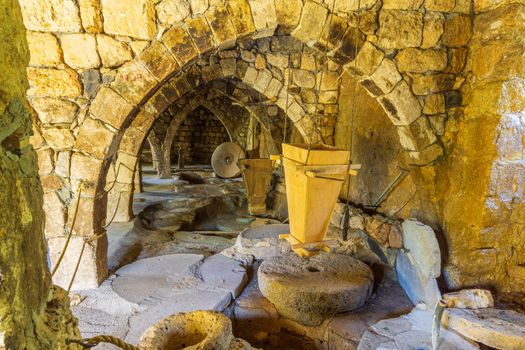 Snir, Israel - February 09, 2021: View of the water powered Matruf Flour Mill, in the Hermon Stream (Banias) Nature Reserve, Upper Galilee, Northern Israel