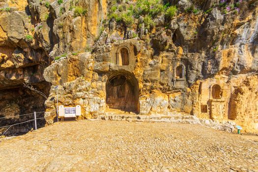 Snir, Israel - February 09, 2021: View of the remains of the Shrine and Cave of Pan, in the Hermon Stream (Banias) Nature Reserve, Upper Galilee, Northern Israel