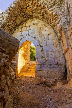 View of the northwest tower inner gate, in the Medieval Nimrod Fortress, the Golan Heights, Northern Israel